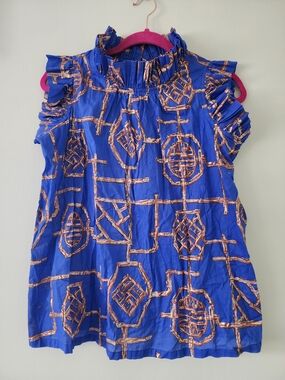 Jude Connally Blue Patterned Ruffle Sleeve Women's Top